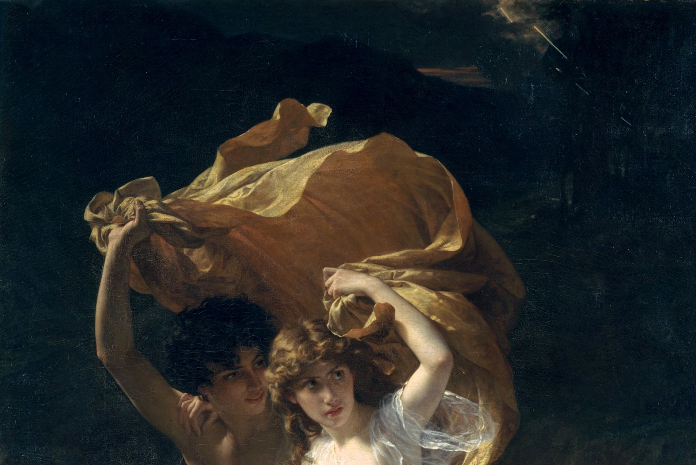 The makeshift shelter that unifies the whole composition; its warm gold against cold stormy sky is the painting's central color drama and a symbol of chivalric protection.