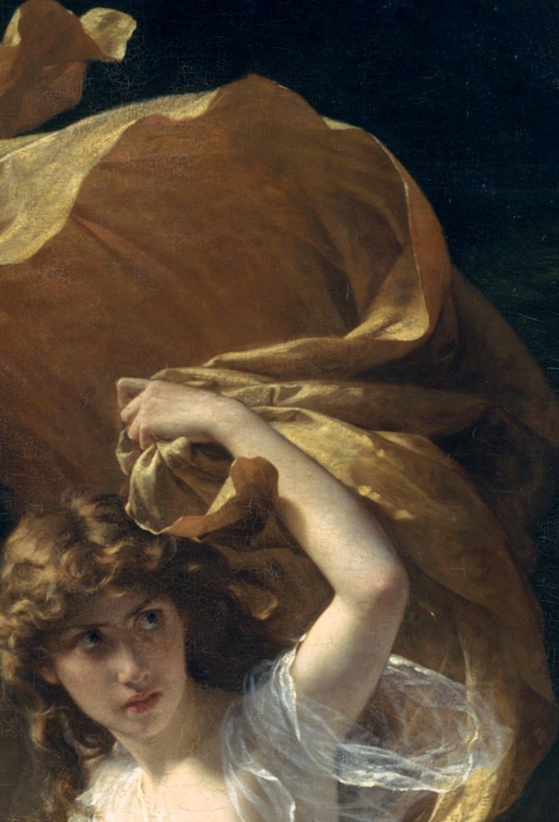 Her parted lips and wide gaze are deliberately ambiguous, frightened or exhilarated, inviting every viewer to project their own reading onto the scene.