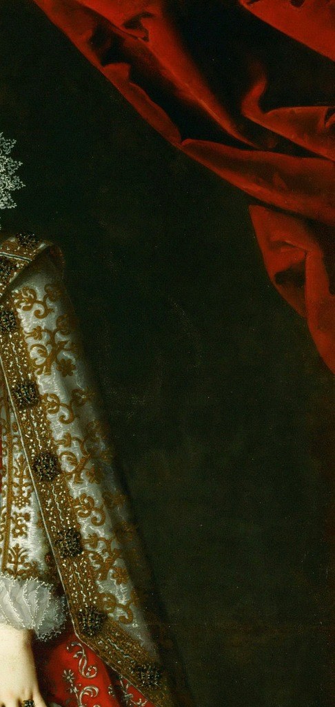 The velvet curtain frames a grand interior.