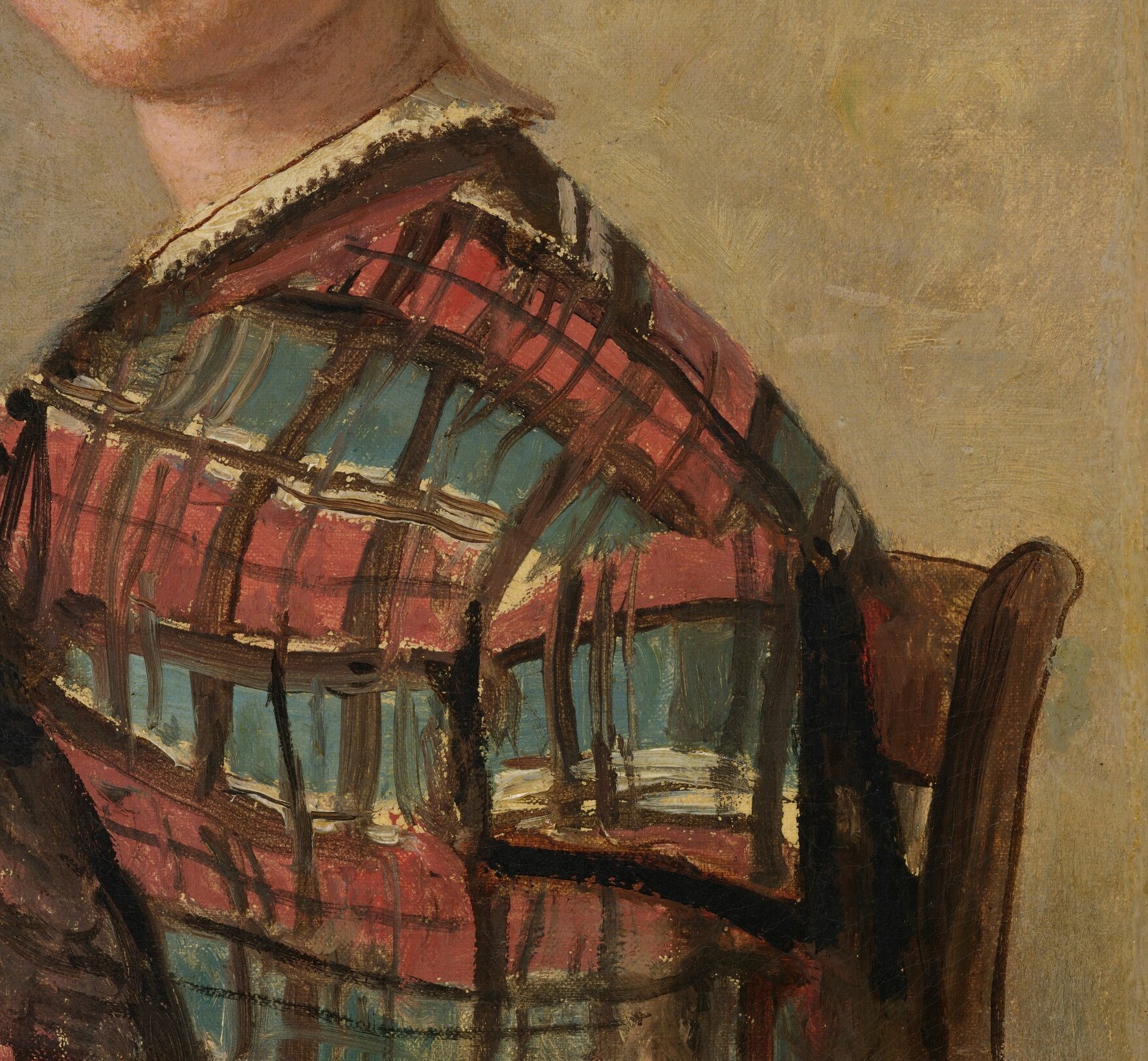 Her dress, painted with bold strokes, holds a vivid pattern.