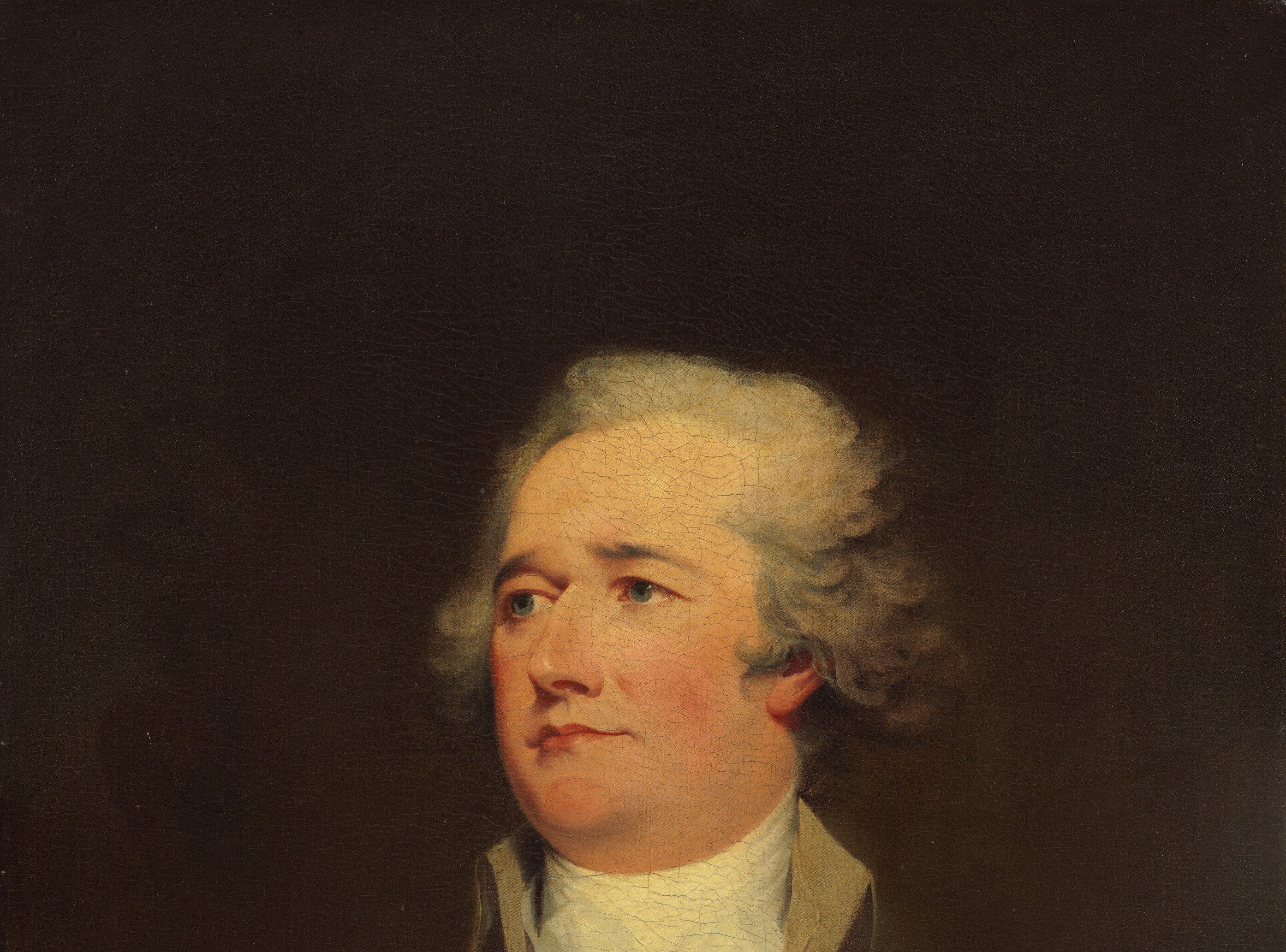 Trumbull uses near-total darkness to eliminate distraction; this was a deliberate neoclassical choice that makes the face appear to emerge from shadow, heightening the sense of historical gravity.