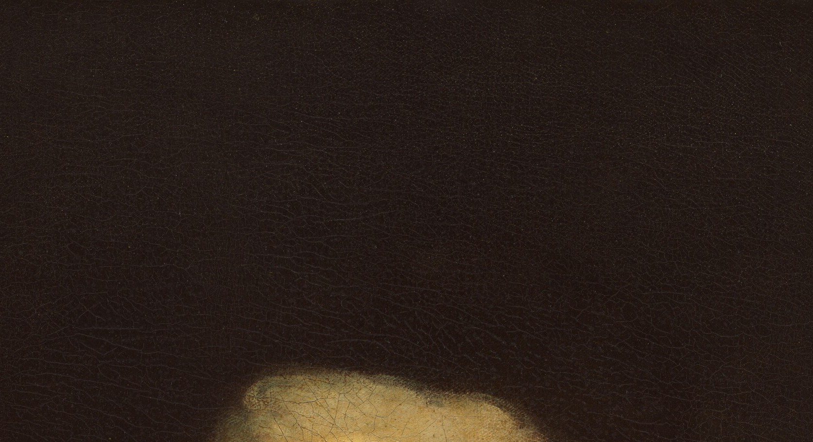 The formal powdered hair signals elite status and period convention; its soft texture contrasts with the dark background and anchors the era immediately.