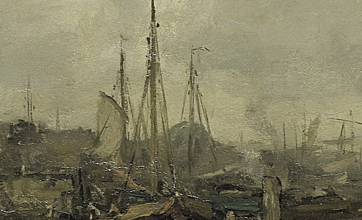 These vessels represent the commercial and seafaring nature of Amsterdam, their rigging creating a complex, layered silhouette.