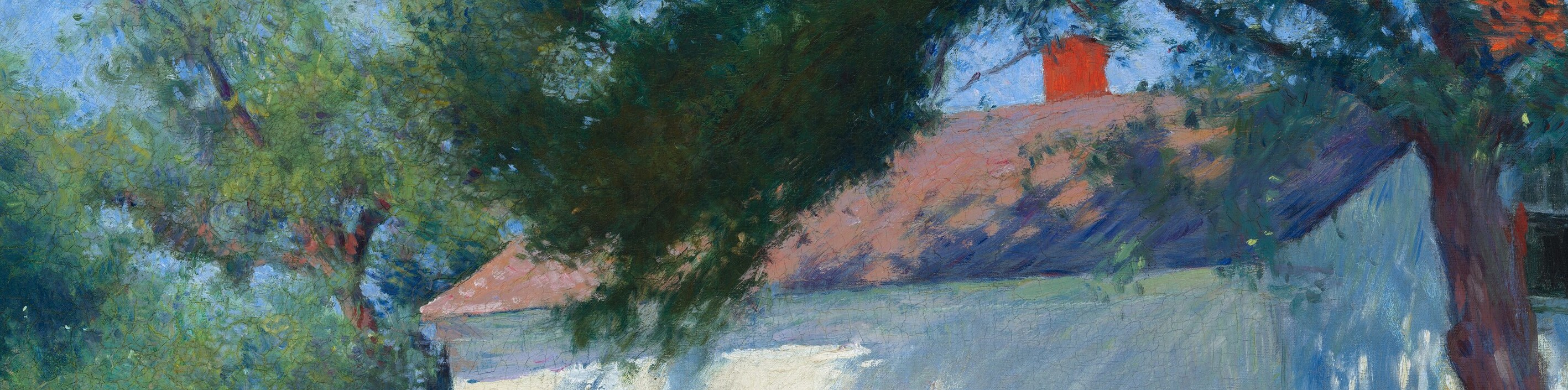 The orange-red roofline contrasts sharply with the white wall below, providing the only warm saturated color in a scene otherwise dominated by cool greens and whites