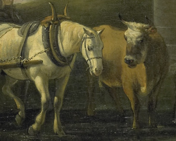 A white workhorse and its cart pause at the entrance.