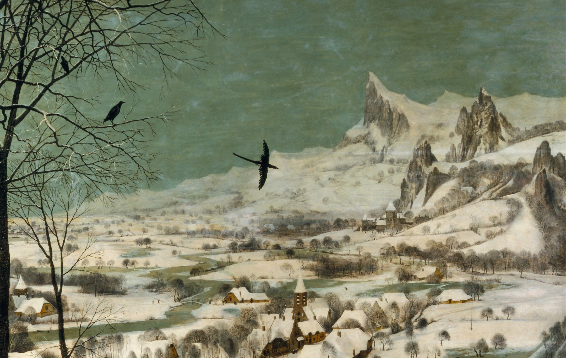 Bruegel's post-Italy memory of the Alps transplanted to Flanders; their grandeur dwarfs all human activity and frames the seasonal narrative