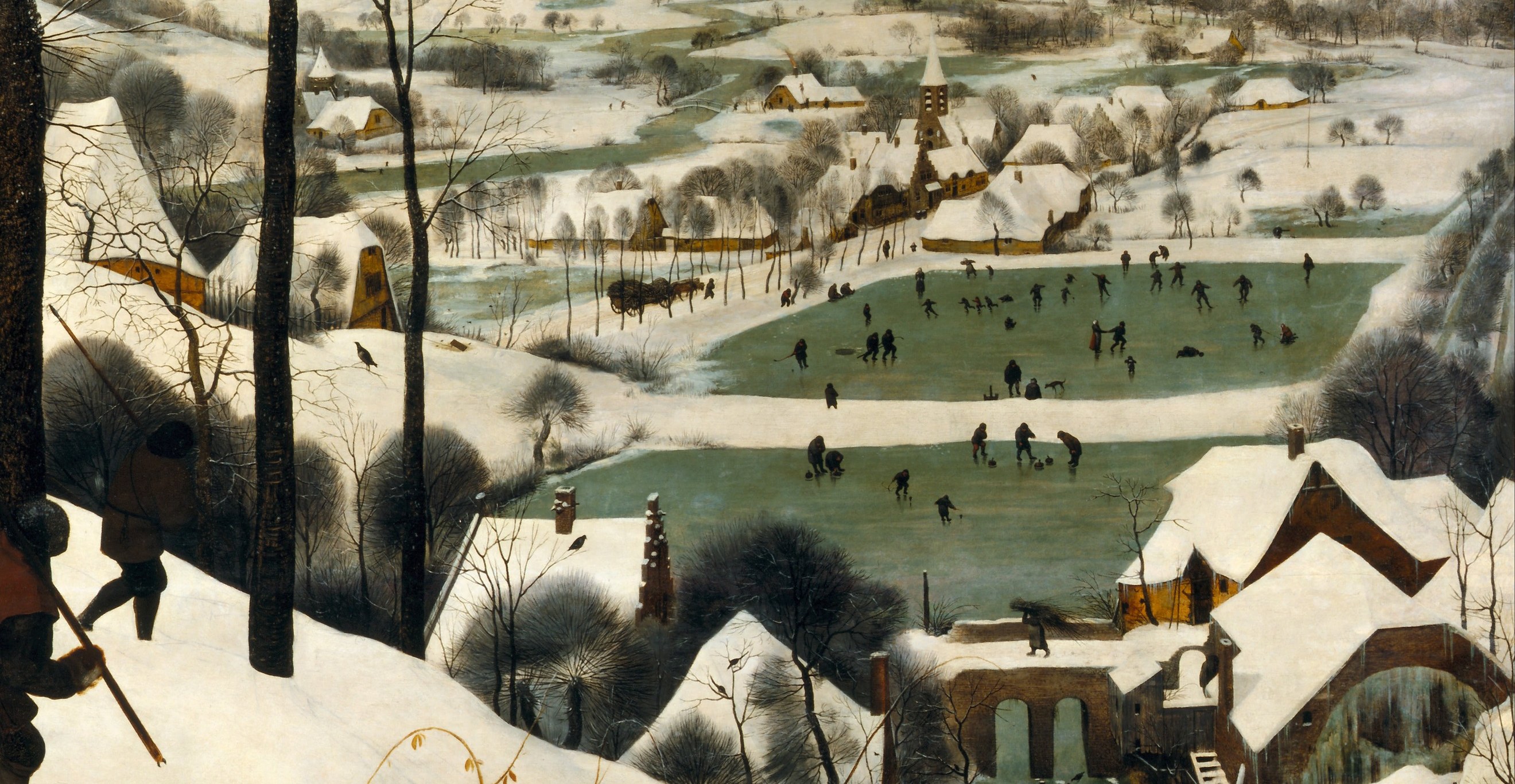 The great spatial coup of the painting , dozens of tiny figures on ice give scale and communal life to what would otherwise be bleak emptiness