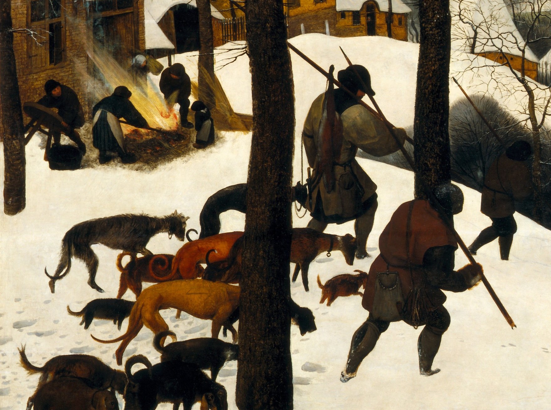 Thin, slope-shouldered dogs mirror their masters' defeat; count visible individually to feel the full weight of the return