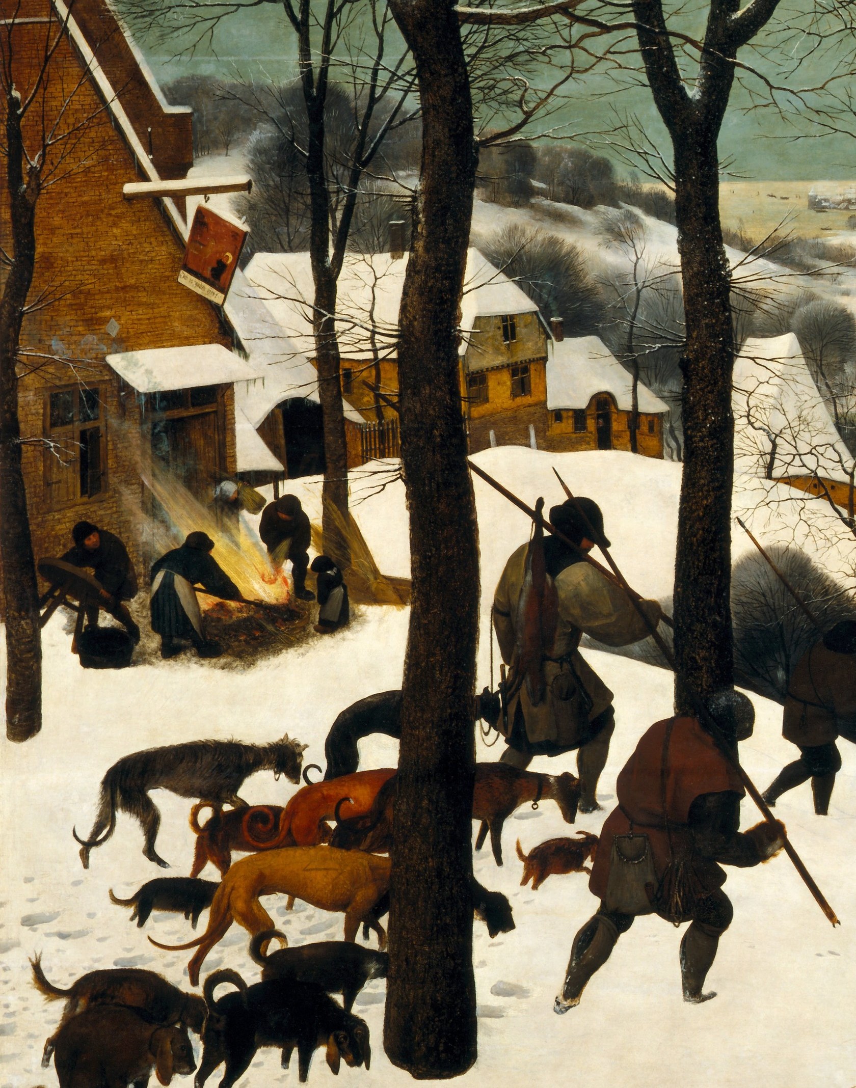 Central narrative spine , weary, downward-gazing figures embody winter's exhaustion; their meager take (one fox?) says the hunt failed