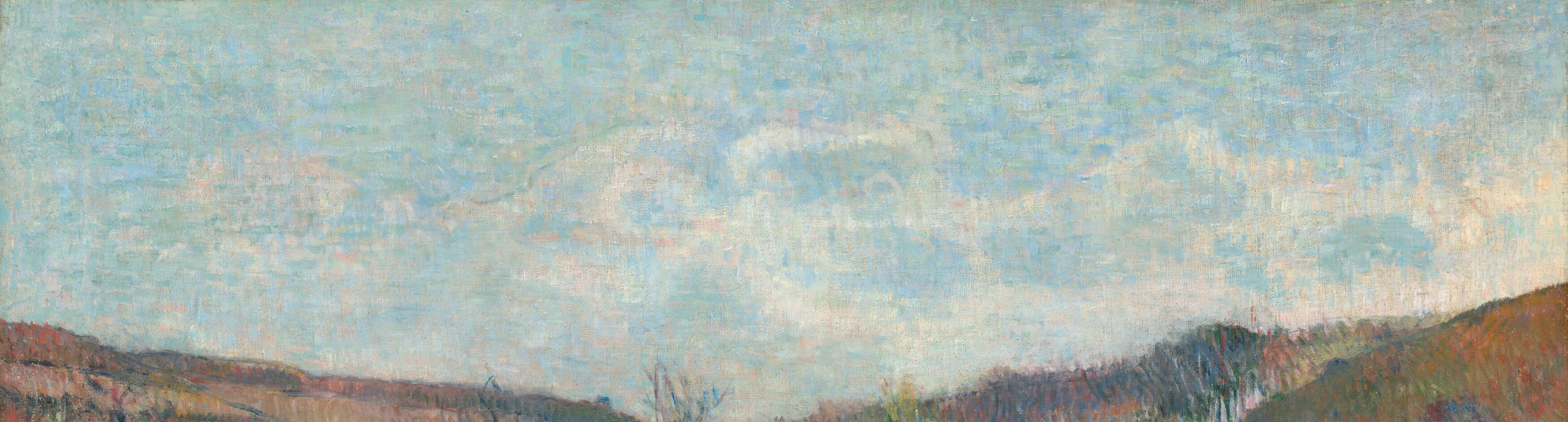 Gauguin flattens cumulus masses into interlocking pale-grey and white zones , early sign of his move from Impressionism toward Synthetism, the sky reads as pattern not atmosphere