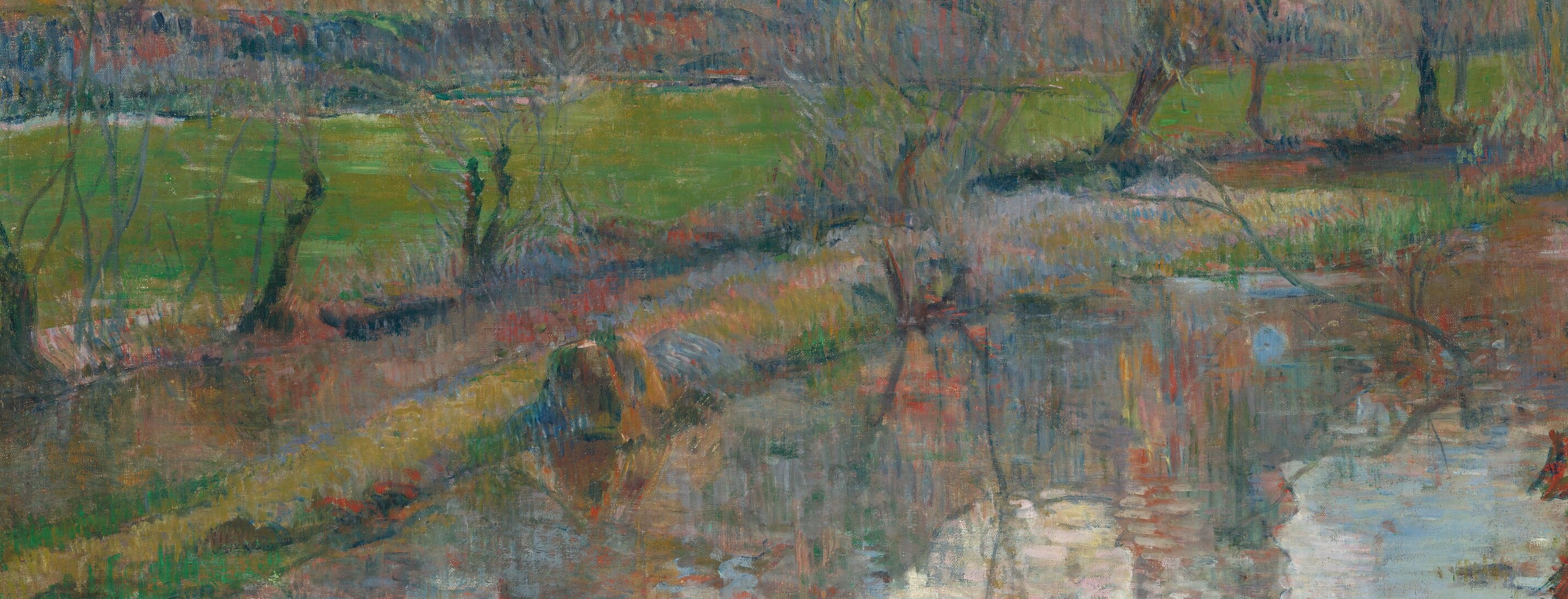 The Aven River provides the painting's organizing horizontal axis; its stillness anchors an otherwise restless patchwork of colour