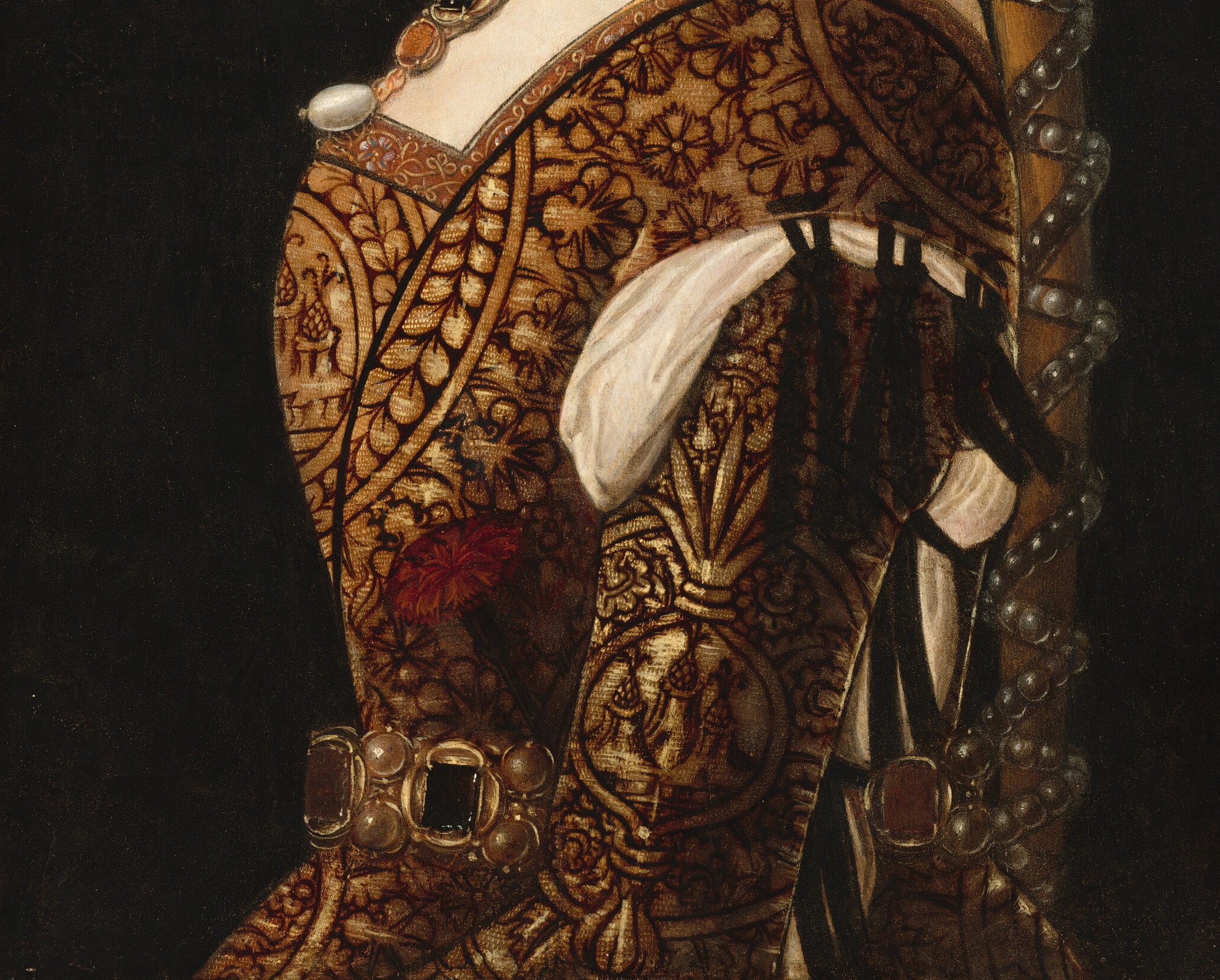 The dress fabric fills the lower half of the panel , richly patterned with interlaced gold motifs on a deep wine-dark ground; the weave pattern itself may be identifiable as a specific Milanese textile type.
