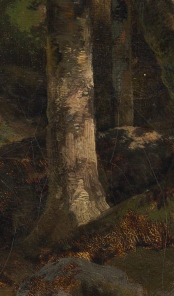 His thick impasto technique gives the rocks and foliage tactile surfaces.