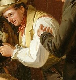 This man holds the hat for drawing, his face full of anticipation.