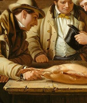 His gesture draws attention to the goose, emphasizing the moment of anticipation.