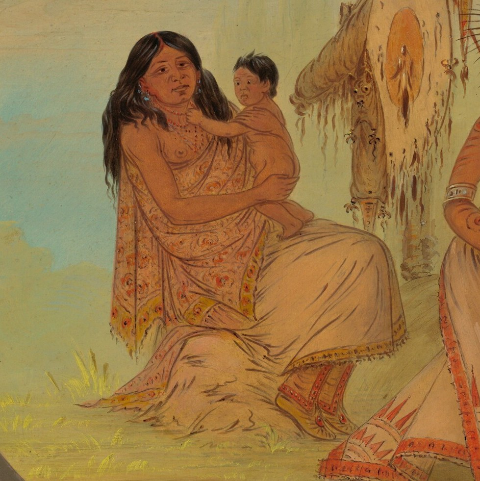 The woman holds her child, a tender, vulnerable moment.