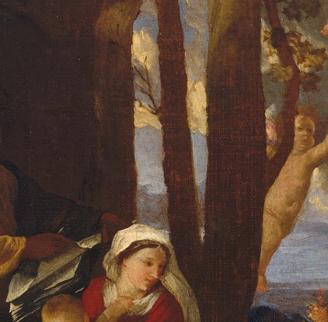 Bathed in the brightest light in the picture; the luminous flesh against Mary's dark robe draws the eye immediately and signals divine presence.