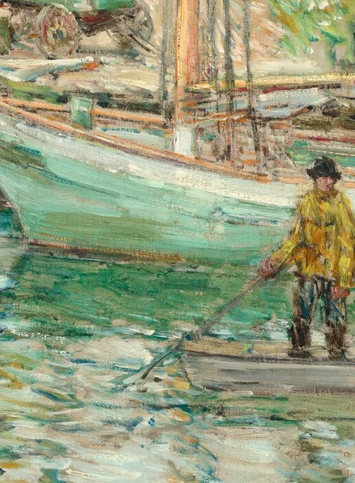 The lone human figure anchors the entire composition; his yellow jacket pops against the green hull and green-blue water, making him the emotional center, a worker embedded in a working harbor.