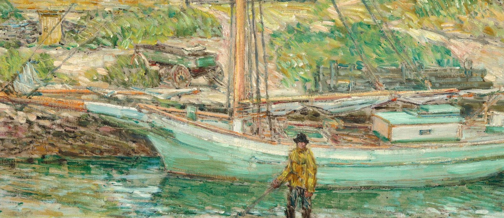 The sweeping mint-green hull is Hassam's most daring color choice, an unexpected hue for a wooden boat that rewards close inspection and anchors the Impressionist palette of the whole scene.