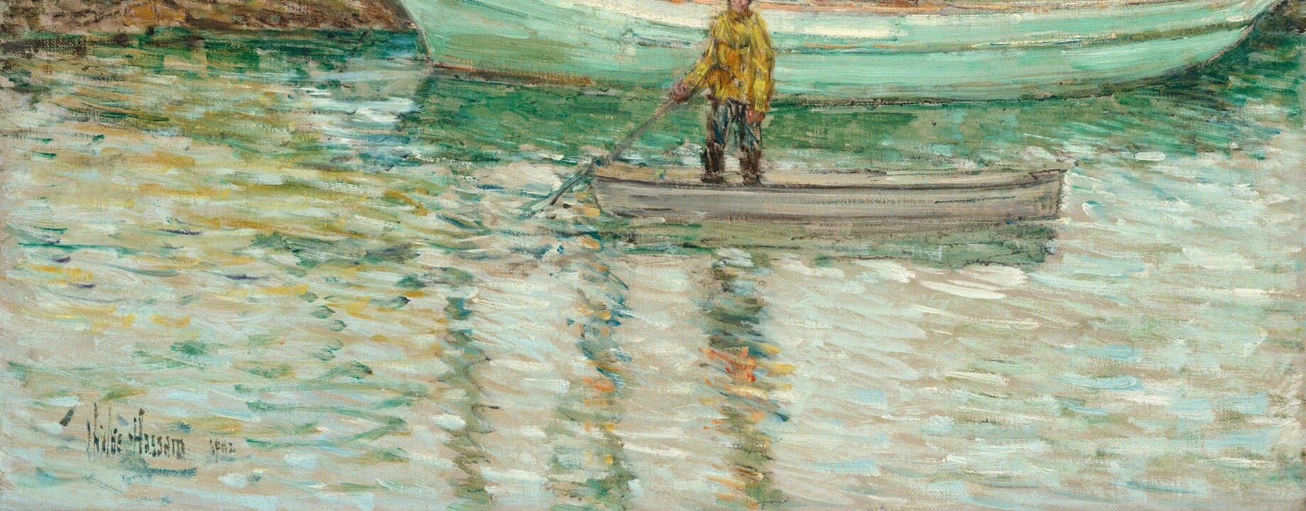 Hassam's broken-color technique is most legible here, short horizontal dabs of cobalt, viridian, and cream recreate sunlit ripples, a pure demonstration of his American Impressionist method.