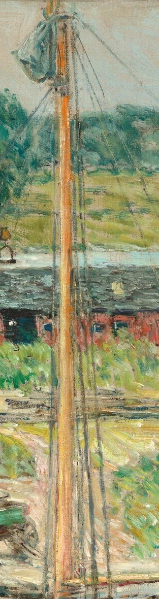 The rust-orange mast bisects the canvas vertically, acting as a compositional spine; the loose diagonal rigging lines create the Impressionist 'cage of light' effect Hassam was known for.