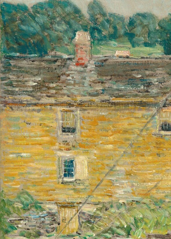 The ochre-yellow facade catches direct sunlight and echoes the fisherman's jacket, tying shore and water together; its windows are loosely but legibly painted.