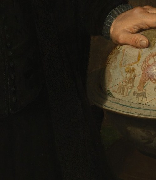 His hand rests on the globe like he owns the stars.