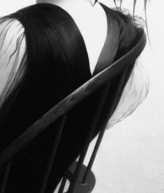 Her transparent sleeve suggests a light, passing moment.