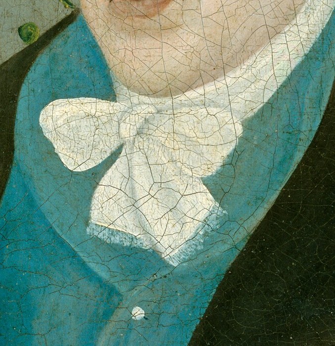The cracked texture of the paint on the cravat suggests age and adds a tactile quality to the rendering of the fabric.