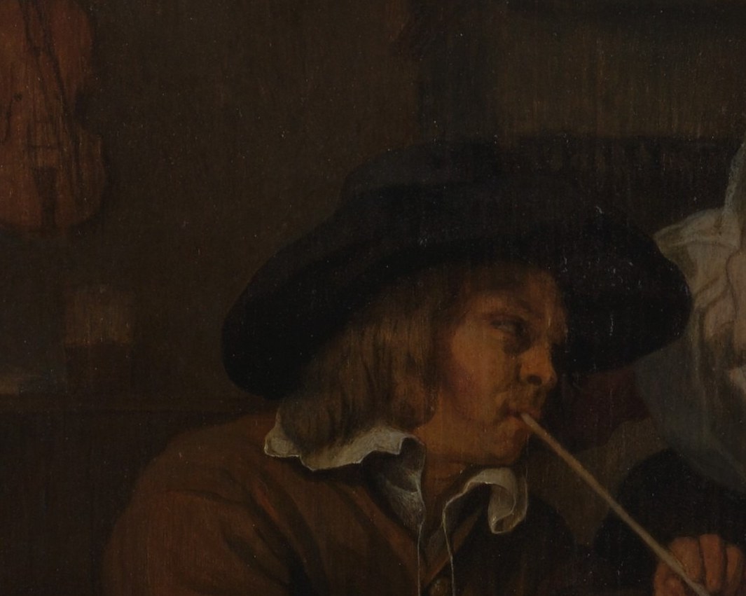 A pipe in one hand, a bowl in the other. Tavern idleness.