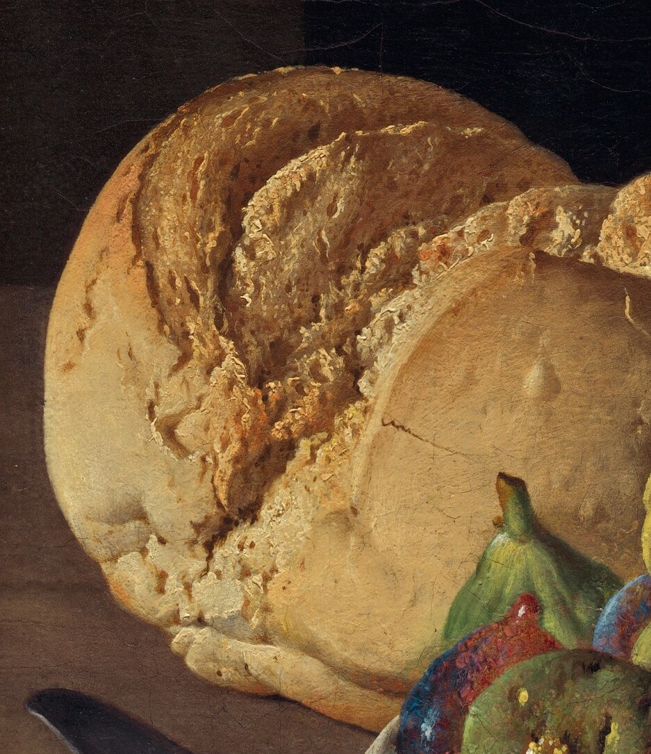 He captures the rough, crusty texture of the bread.