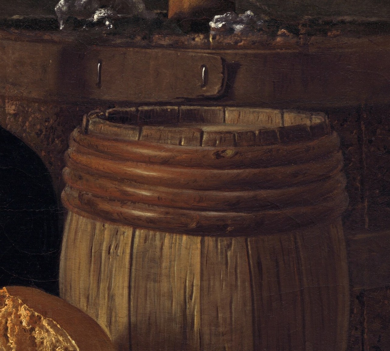 The detailed rendering of the wood grain and metal bands on the barrel speaks to craftsmanship and the storage of goods.