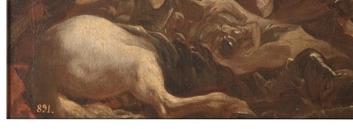 The contorted body and obscured face convey the brutal reality and personal cost of battle, drawing the viewer's empathy.