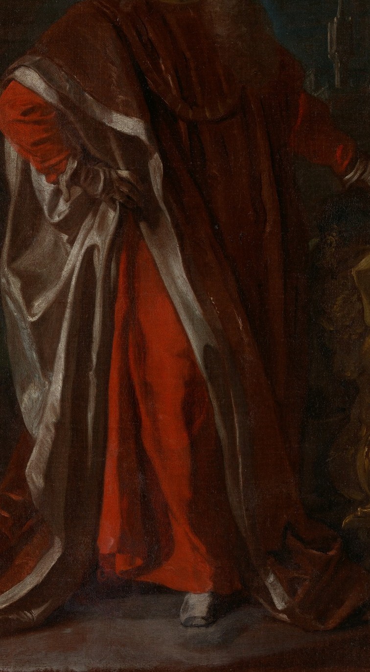 His red robe and wig signal wealth and status.