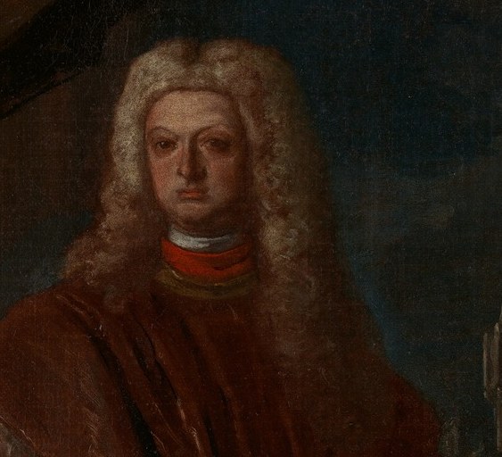 The voluminous, curly wig signifies status and fashion of the era, a symbol of his aristocratic standing.