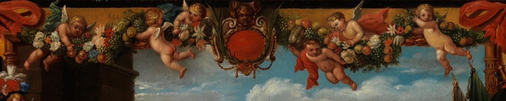 Cherubs celebrate above the scene.
