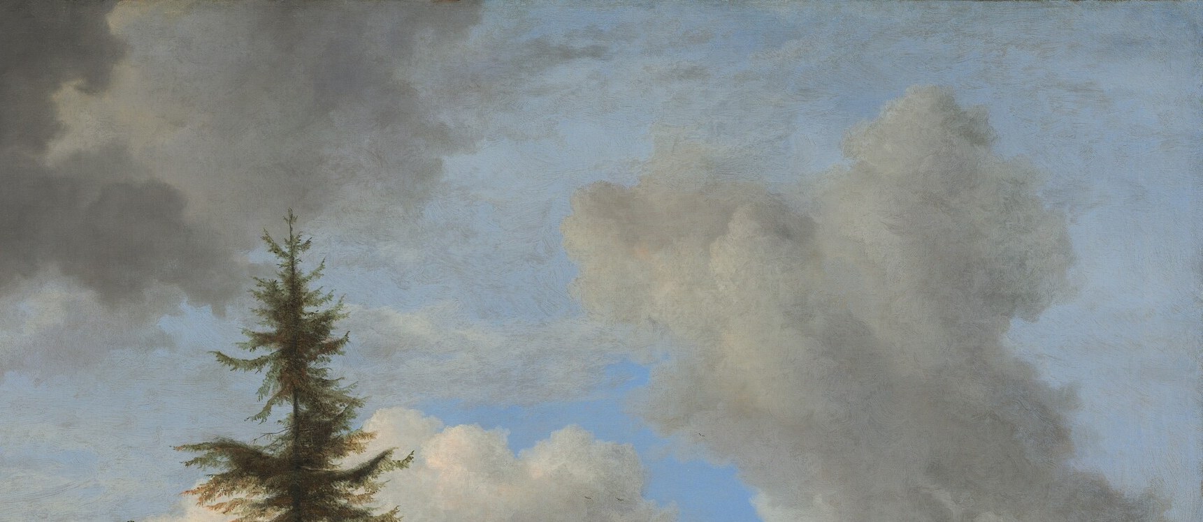 Ruisdael's sky dominates nearly half the canvas; the interplay of lit and shadowed cloud masses is the primary light engine of the whole composition