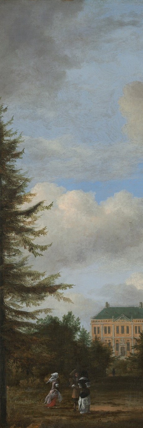 The compositional spine of the painting , an exotic import tree that would signal wealth and cosmopolitan taste to Dutch viewers; its darkness throws the luminous sky and house into relief