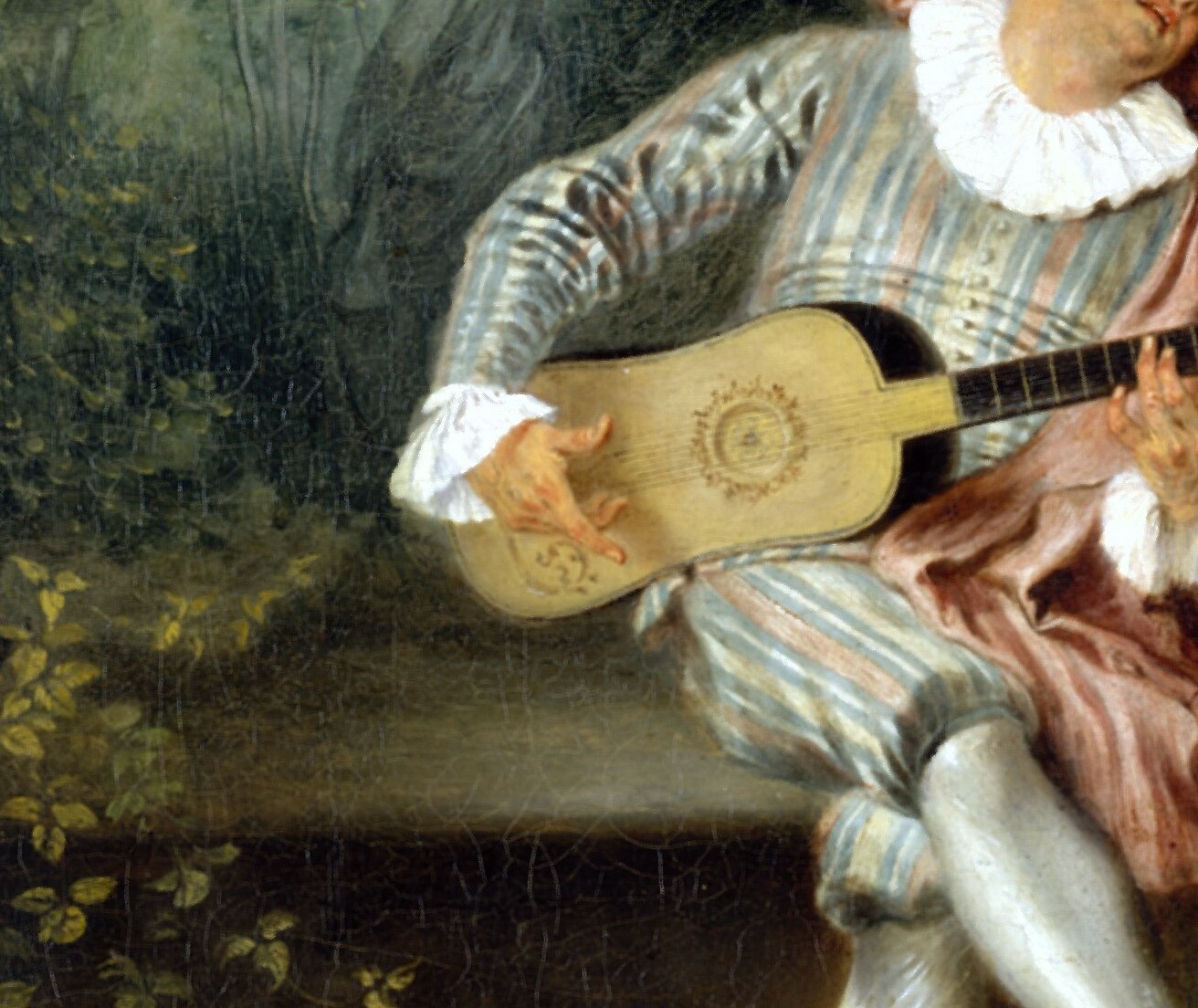 The instrument is his sole prop and the axis of the composition; its warm golden wood contrasts with the cool silver-pink of his costume, drawing the eye into the figure's embrace