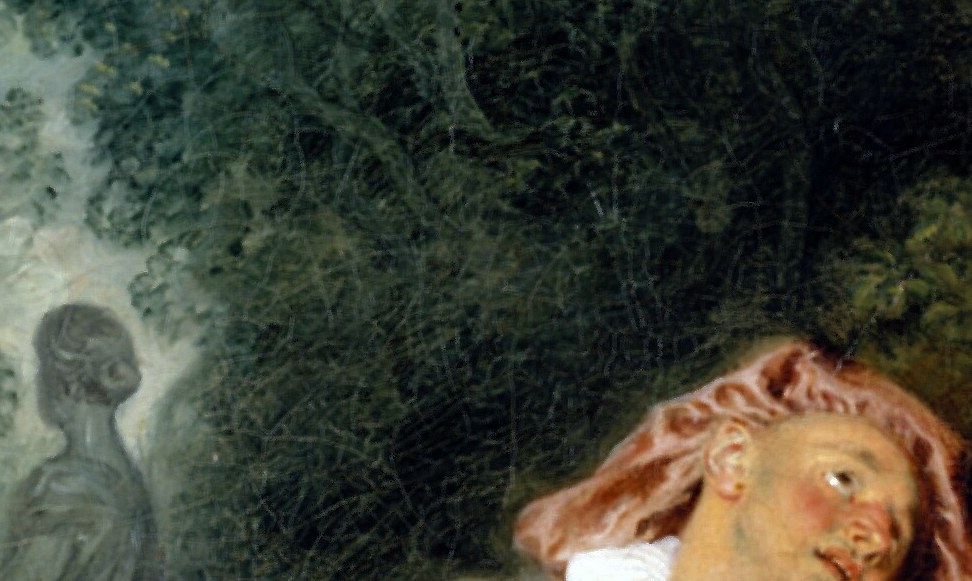 The crisp theatrical ruff anchors his role immediately as a stage figure, not a real musician , a costume signal Watteau renders in confident impasto against the softer surroundings