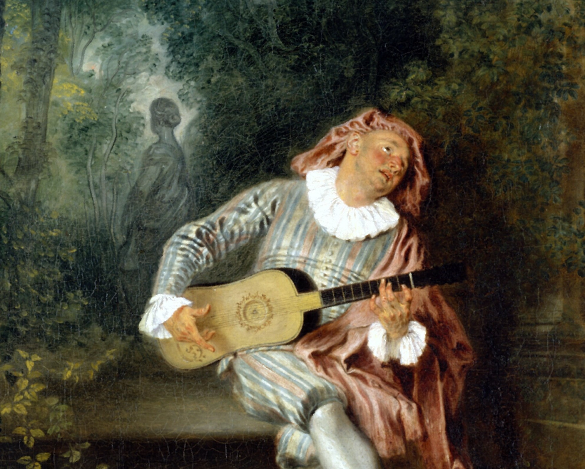 Watteau's bravura passage , the iridescent silk stripes shift from pale silver to rose depending on how light rakes across the fabric, a virtuoso rendering of shimmering satin