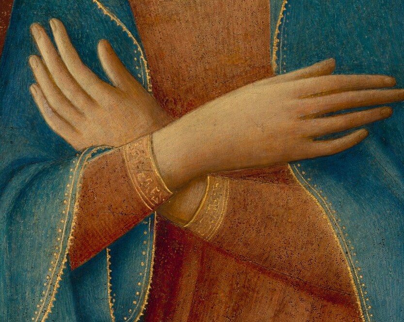 Look at the Virgin's folded hands, accepting her fate.