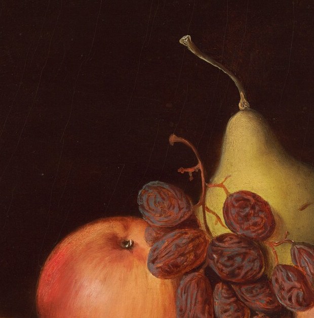The most volumetric fruit; painted highlights across its rosy blush demonstrate Duncanson's command of rendering spherical volume in oil , the clearest proof of his skill in this work.