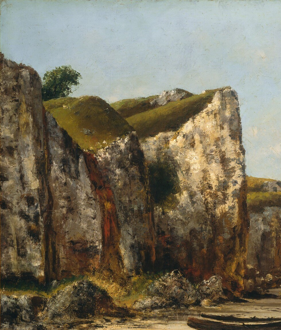 Courbet's palette-knife technique is most visible here , thick impasto ridges create an almost sculptural, tactile surface that gives the cliff physical gravity beyond mere paint