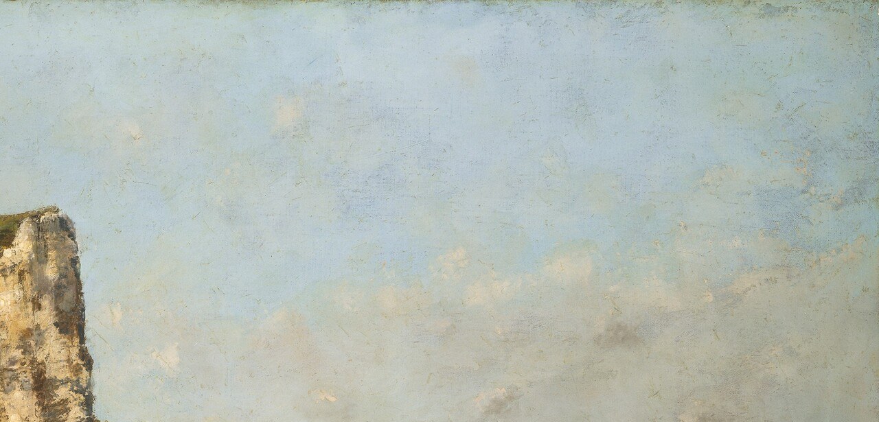 Courbet keeps the sky deliberately neutral and flat, refusing the dramatic Turner-esque storm , his realism demands honesty over spectacle