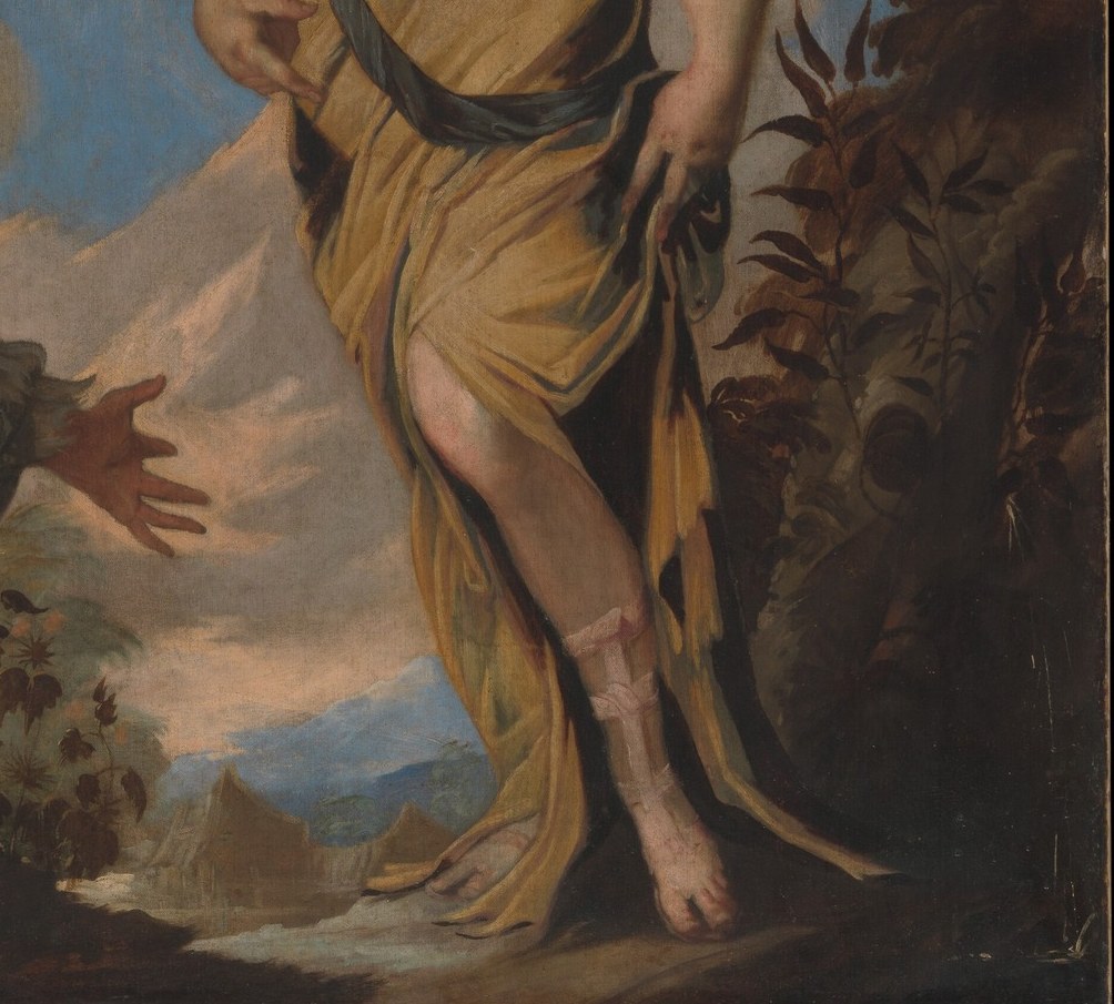 The flowing, luminous fabric suggests the divine nature of the angel and adds a sense of ethereal movement.