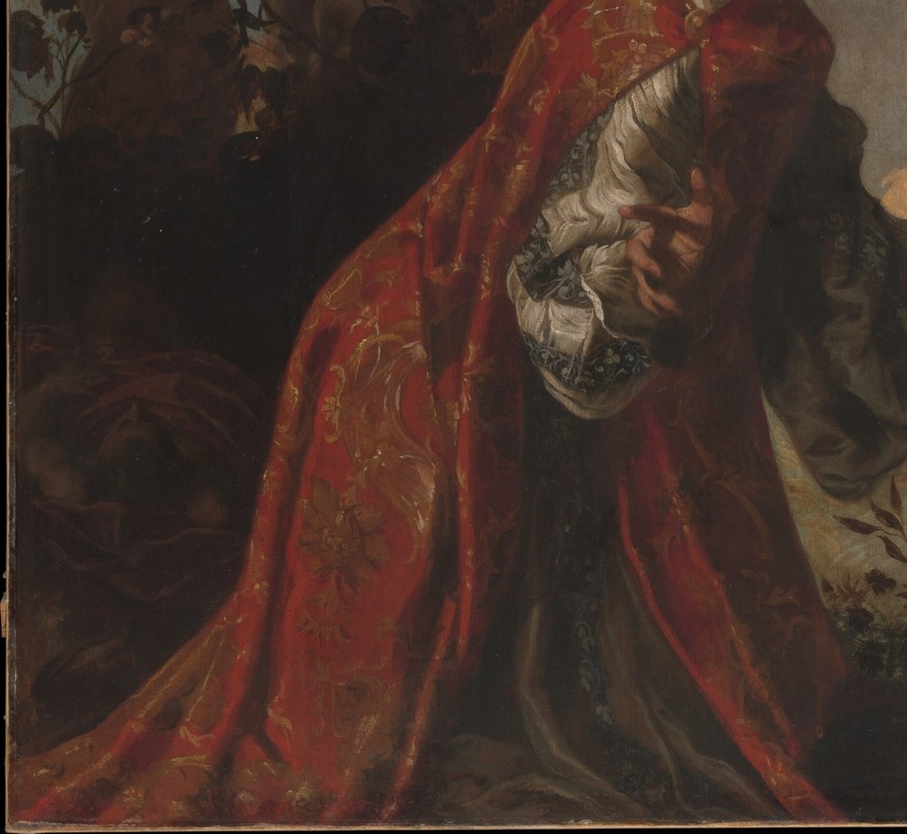 The rich fabric and deep color create a dramatic visual anchor, highlighting Hagar's plight and the importance of the scene.