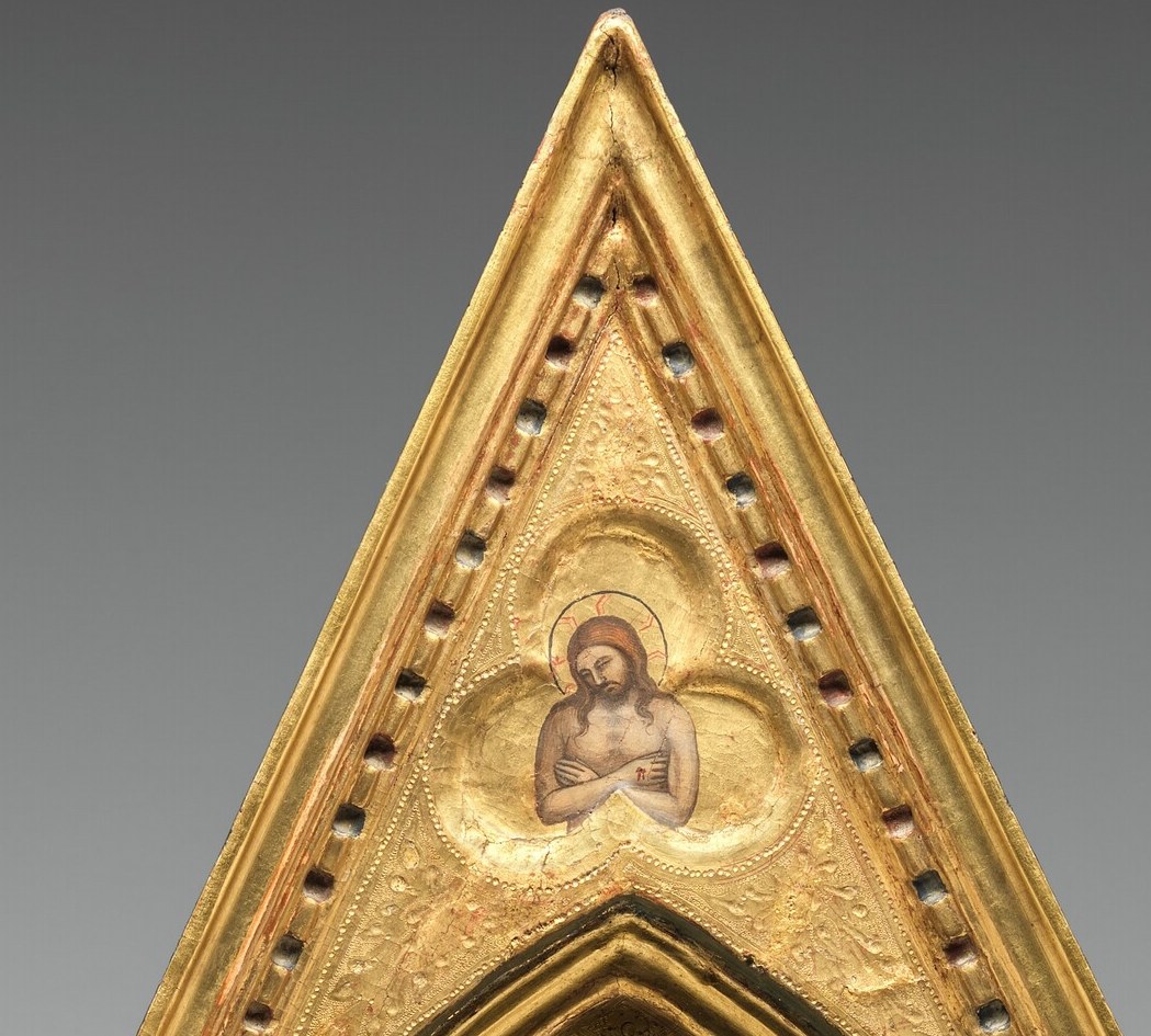 Elongated Byzantine features softened by early Florentine naturalism , a transitional face caught between icon and painting