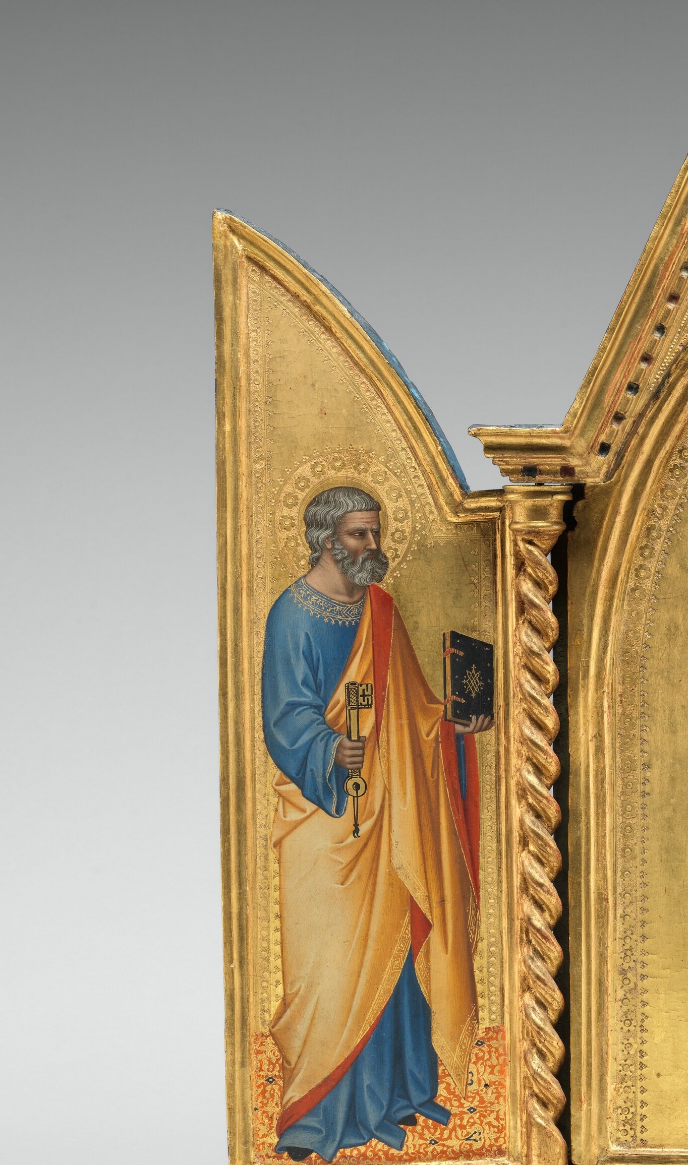 Costly lapis-lazuli blue reserved for holy figures; the stiff, stylised folds show Trecento workshop convention before naturalistic volume arrived