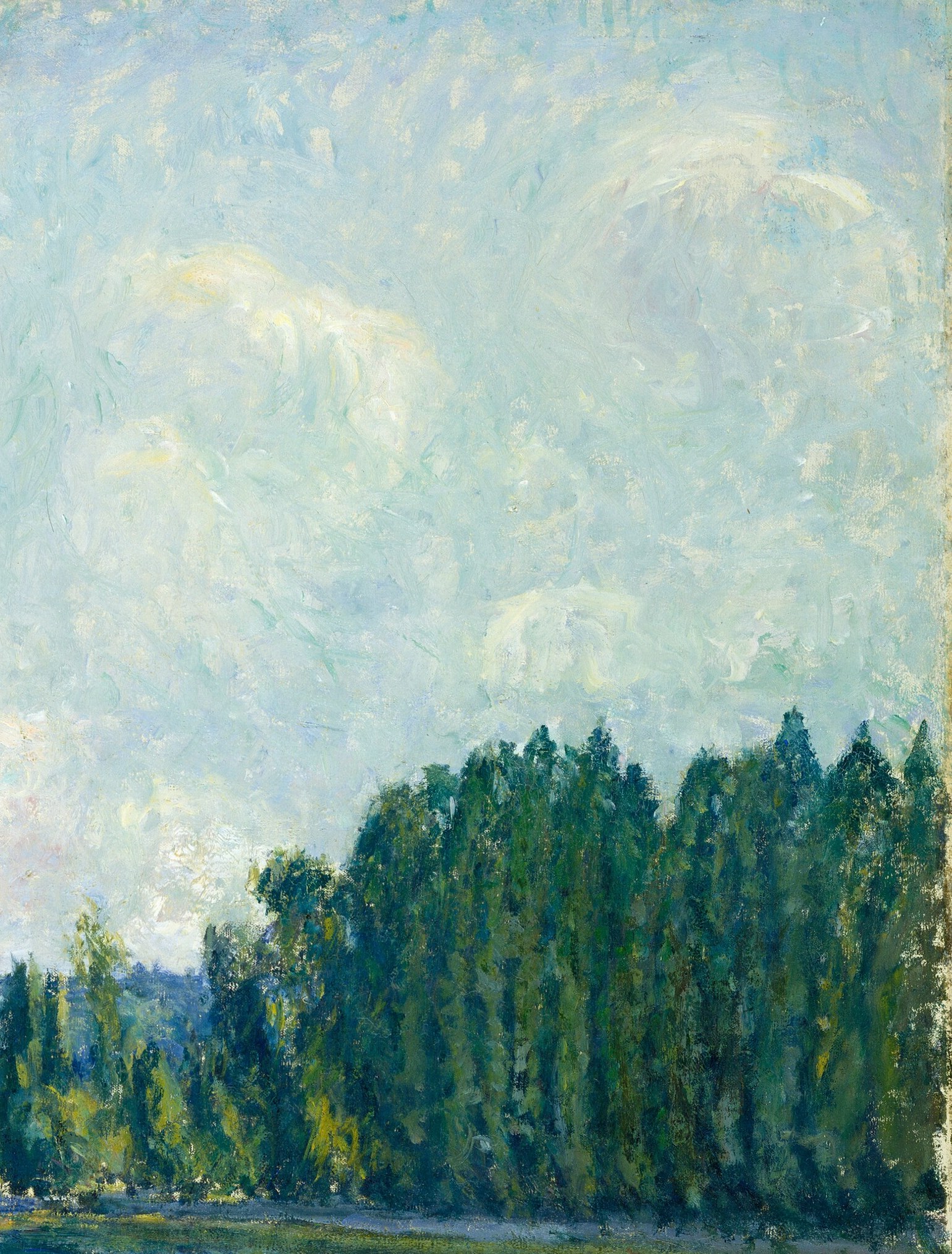 Slender, vertical poplars create a rhythmic colonnade that defines the right half of the painting; their repetition is a signature Sisley compositional device that emphasizes depth and recession.